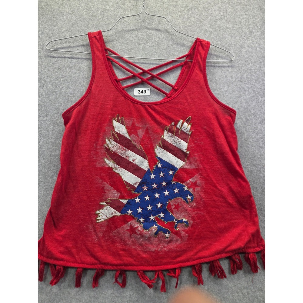 Made in the USA‎ Red Patriotic Eagle Flag Fringe Tank Top Strappy Back XS